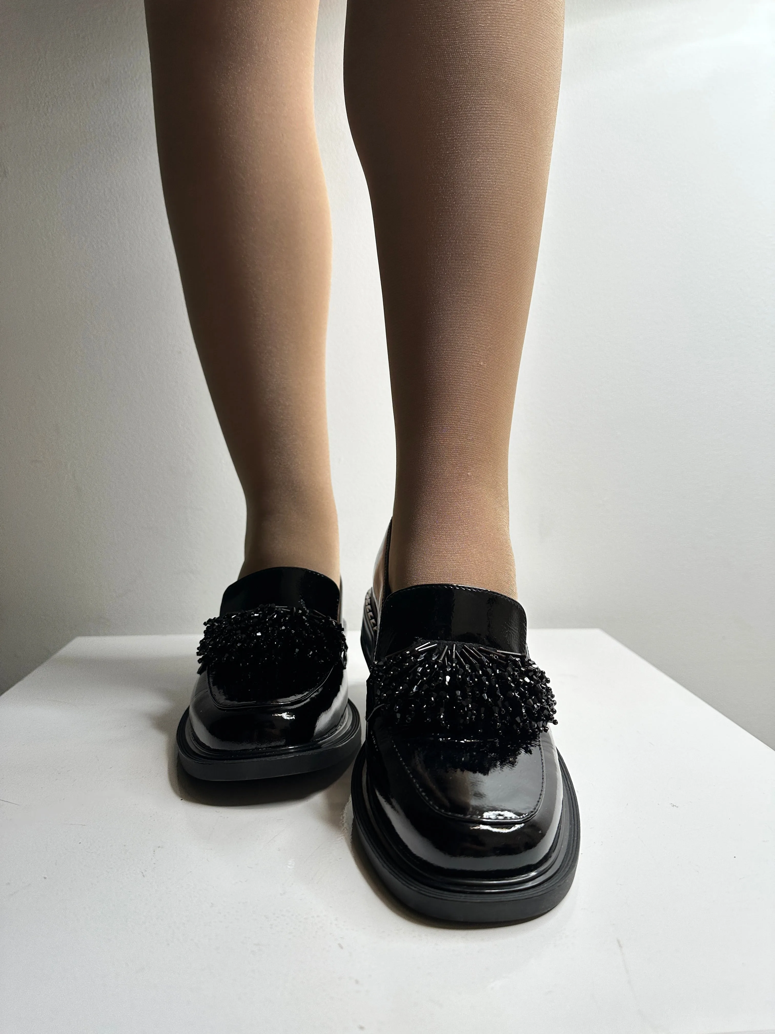 Black Patent Loafer with Front Bead Detailing
