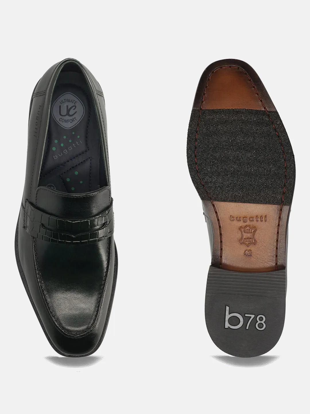 bugatti Dark Green Premium Leather Slip-ons Formal