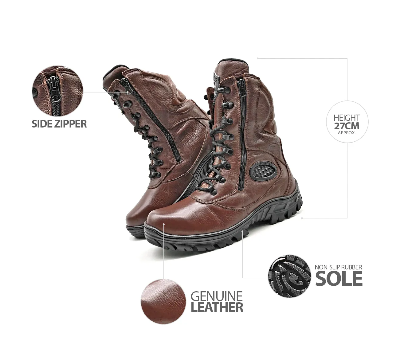 Combat Boots Brown Genuine Leather Tactical Military Zipper