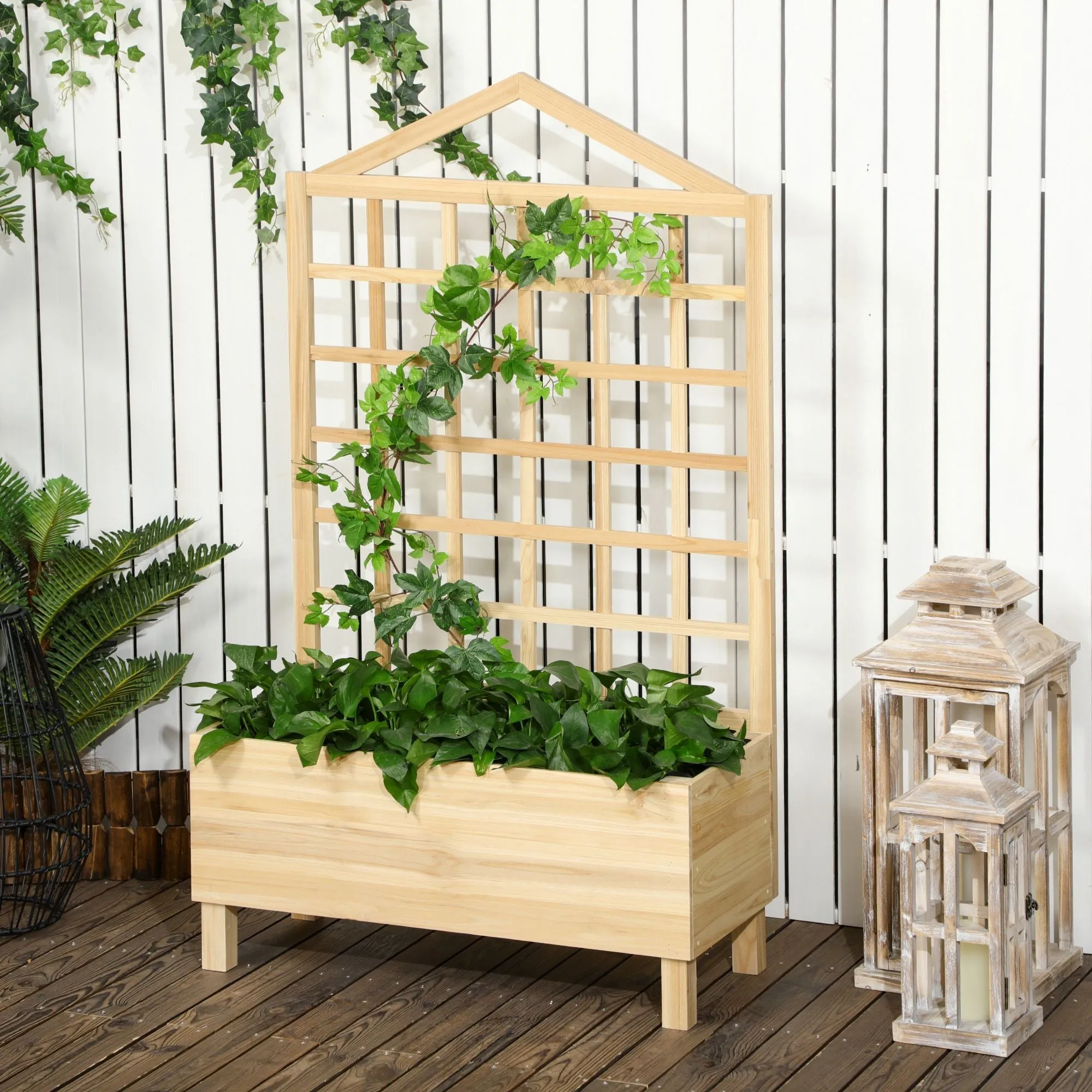 Garden Planters with Trellis for Vine Climbing Distressed Wooden Raised Beds 90x43x150cm Natural Tone