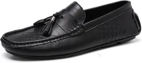 HOOENG Driving Moccasins Loafer Shoes for Men Tassel Breathable Round Toe Woven Grain Embossed Genuine Leather Soft Resistant Comfortable Flat Heel Casual (Color : Black, Size : 7.5)