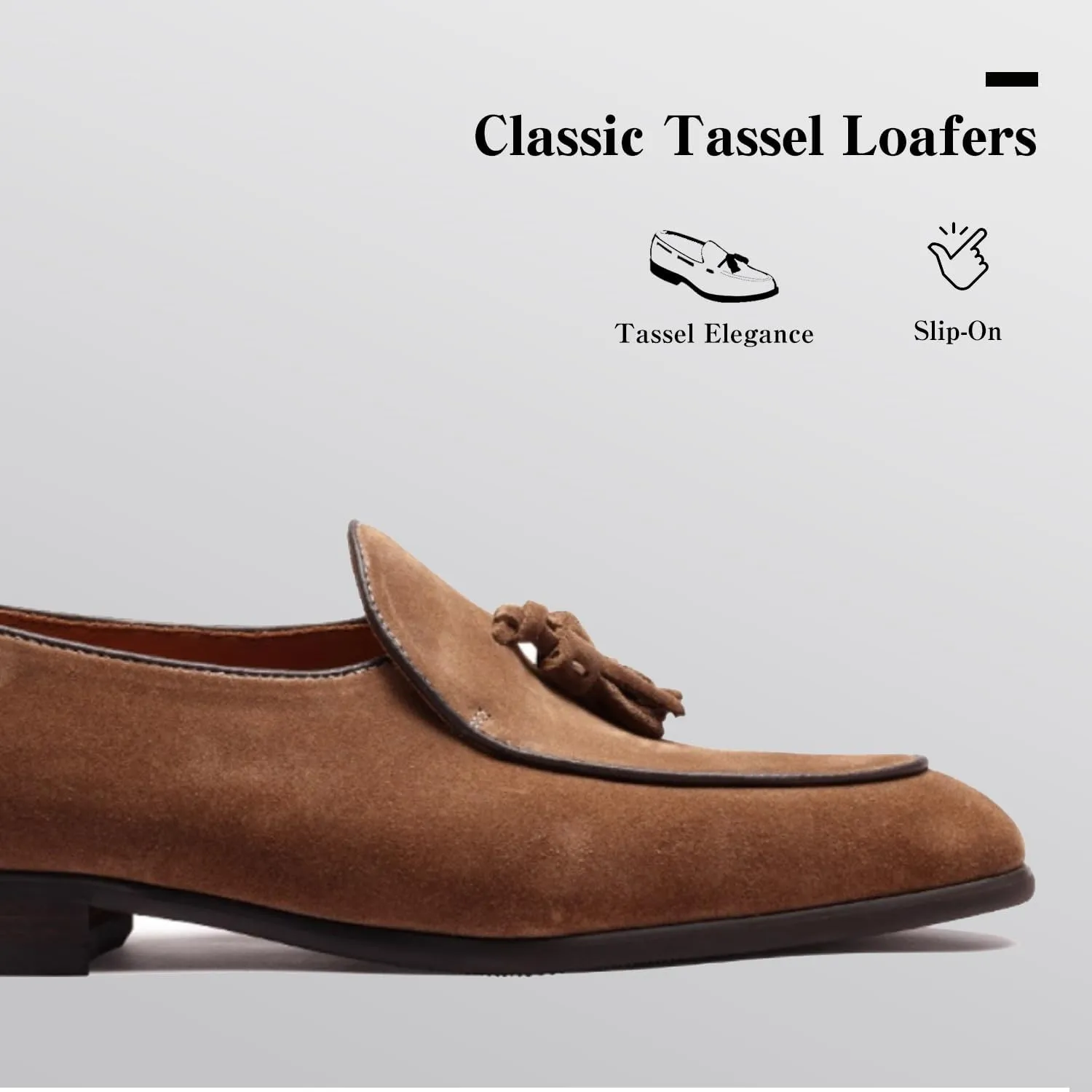 Loafers for Men - High-Gloss Suede Tassel Loafers | Premium Dress Shoes with Italian Brushed Calfskin & Blake Stitch Construction | Business Casual Slip-Ons