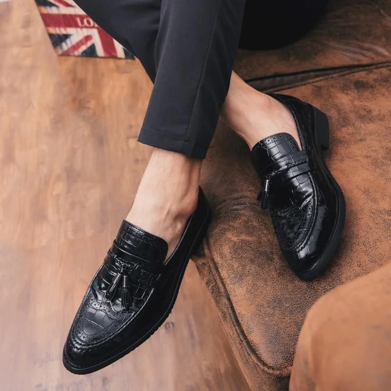 Men's Italian Designer Leather Loafers, Genuine Leather Pointed Toe Dress Shoes with Tassel, Business Wedding Banquet Formal Slip-On Shoes