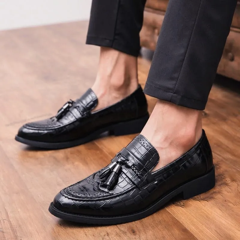 Men's Italian Designer Leather Loafers, Genuine Leather Pointed Toe Dress Shoes with Tassel, Business Wedding Banquet Formal Slip-On Shoes