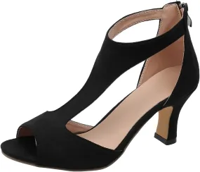 Mid Heeled Sandals for Women Summer Open Toe T Strap Pumps Sandals Black Back Zip Sandals Party Wedding Dress Shoes