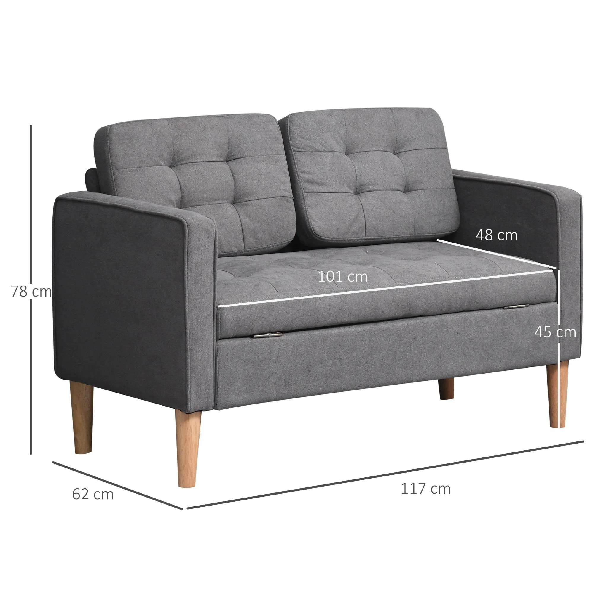 Modern Loveseat Sofa Button-Tufted Fabric Couch with Storage Chest, Rubberwood Legs, Grey Chest Wood Legs