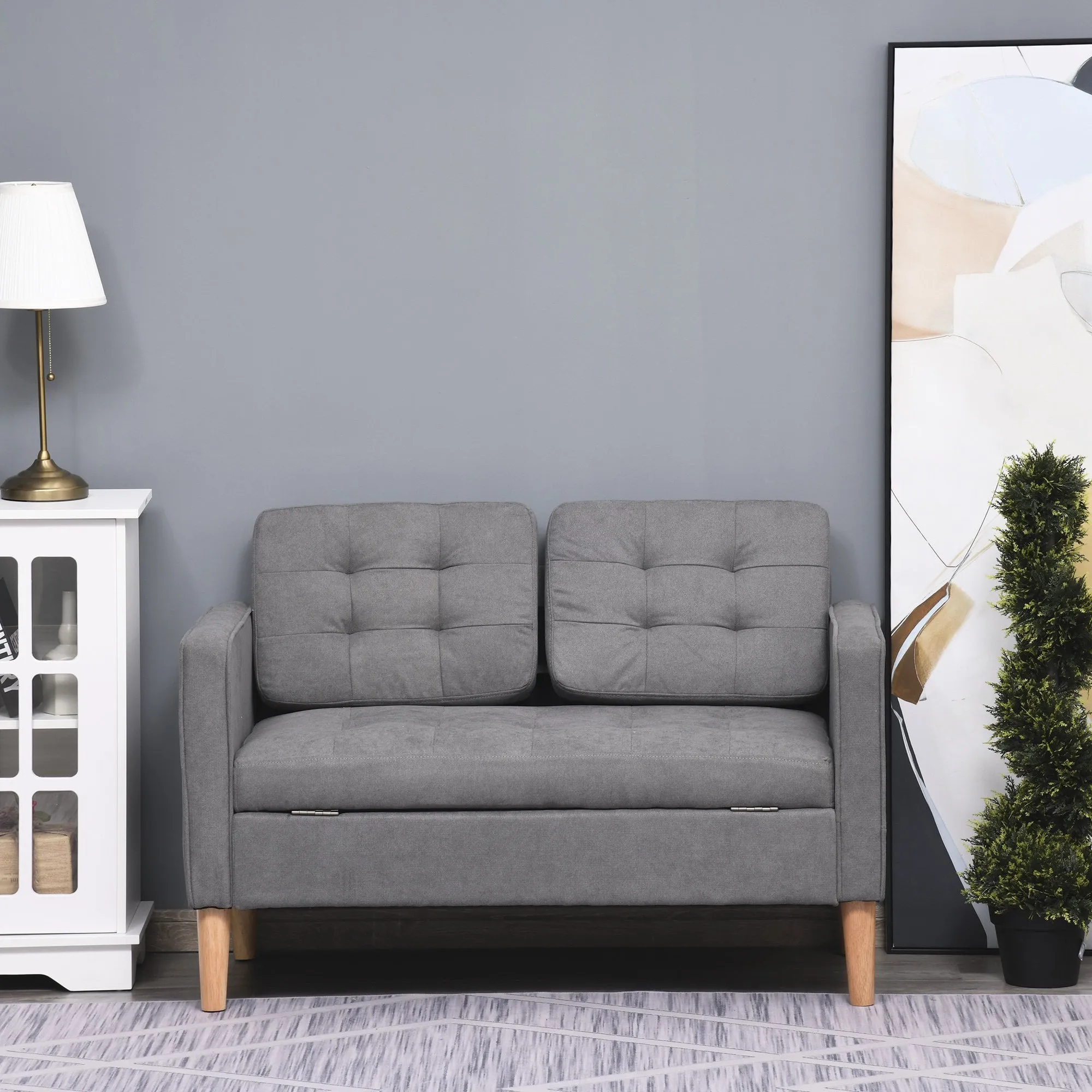 Modern Loveseat Sofa Button-Tufted Fabric Couch with Storage Chest, Rubberwood Legs, Grey Chest Wood Legs