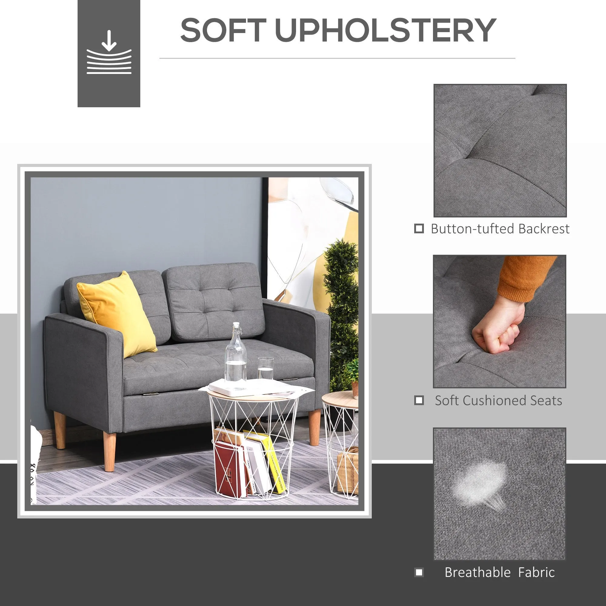 Modern Loveseat Sofa Button-Tufted Fabric Couch with Storage Chest, Rubberwood Legs, Grey Chest Wood Legs