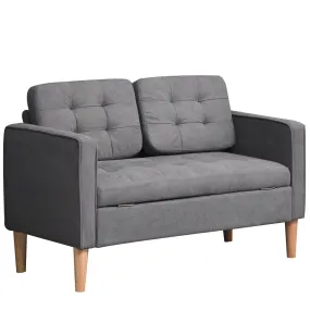 Modern Loveseat Sofa Button-Tufted Fabric Couch with Storage Chest, Rubberwood Legs, Grey Chest Wood Legs