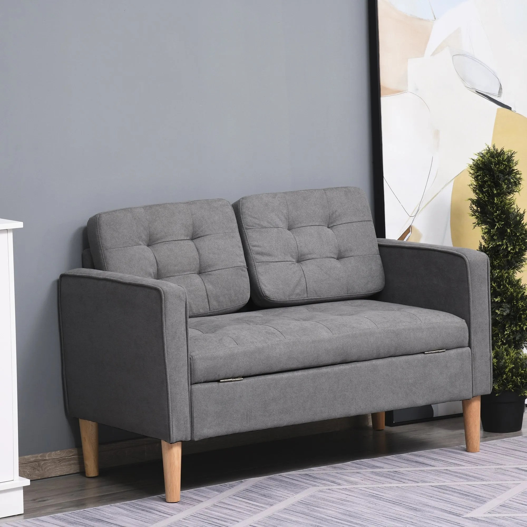 Modern Loveseat Sofa Button-Tufted Fabric Couch with Storage Chest, Rubberwood Legs, Grey Chest Wood Legs