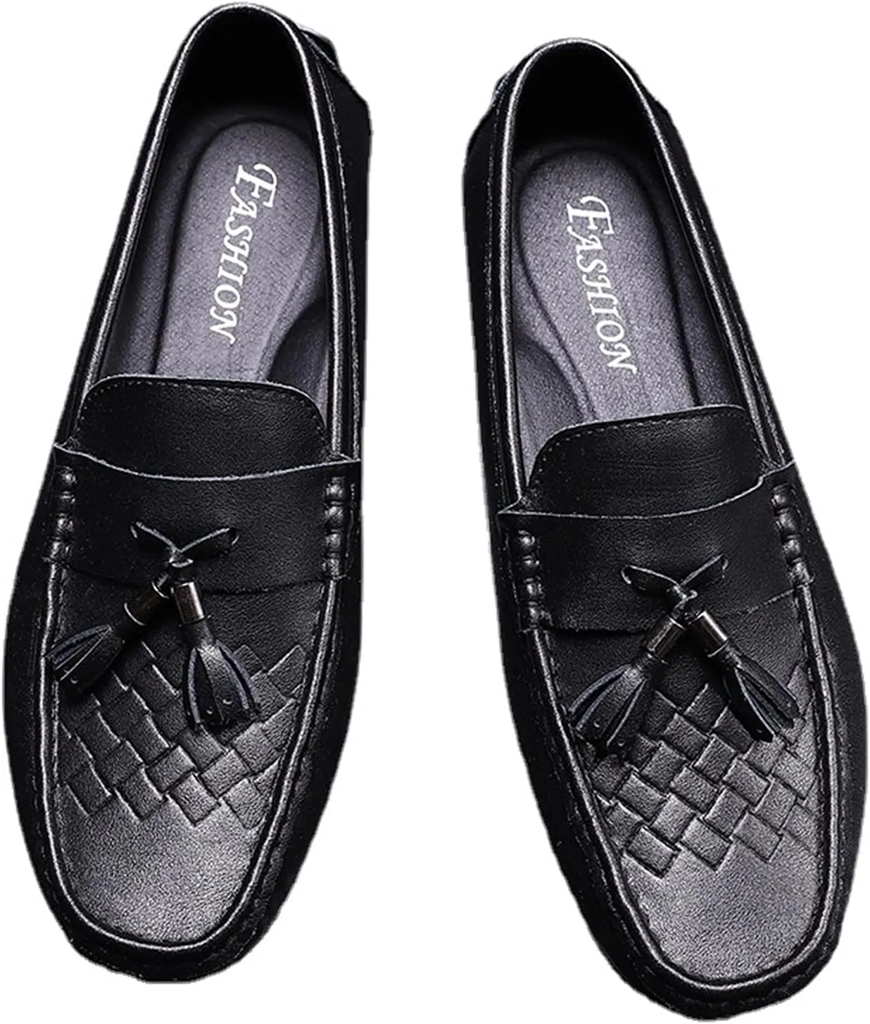New Loafers for Men Tassel Breathable Round Toe Woven Grain Embossed Genuine Leather Flat Heel Comfortable Flexible Lightweight Driving Classic Slip-on
