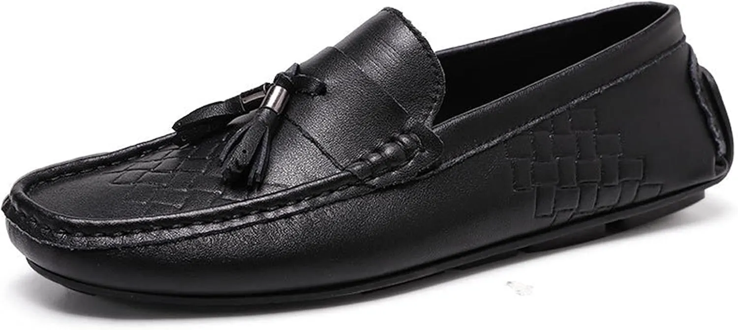 New Loafers for Men Tassel Breathable Round Toe Woven Grain Embossed Genuine Leather Flat Heel Comfortable Flexible Lightweight Driving Classic Slip-on
