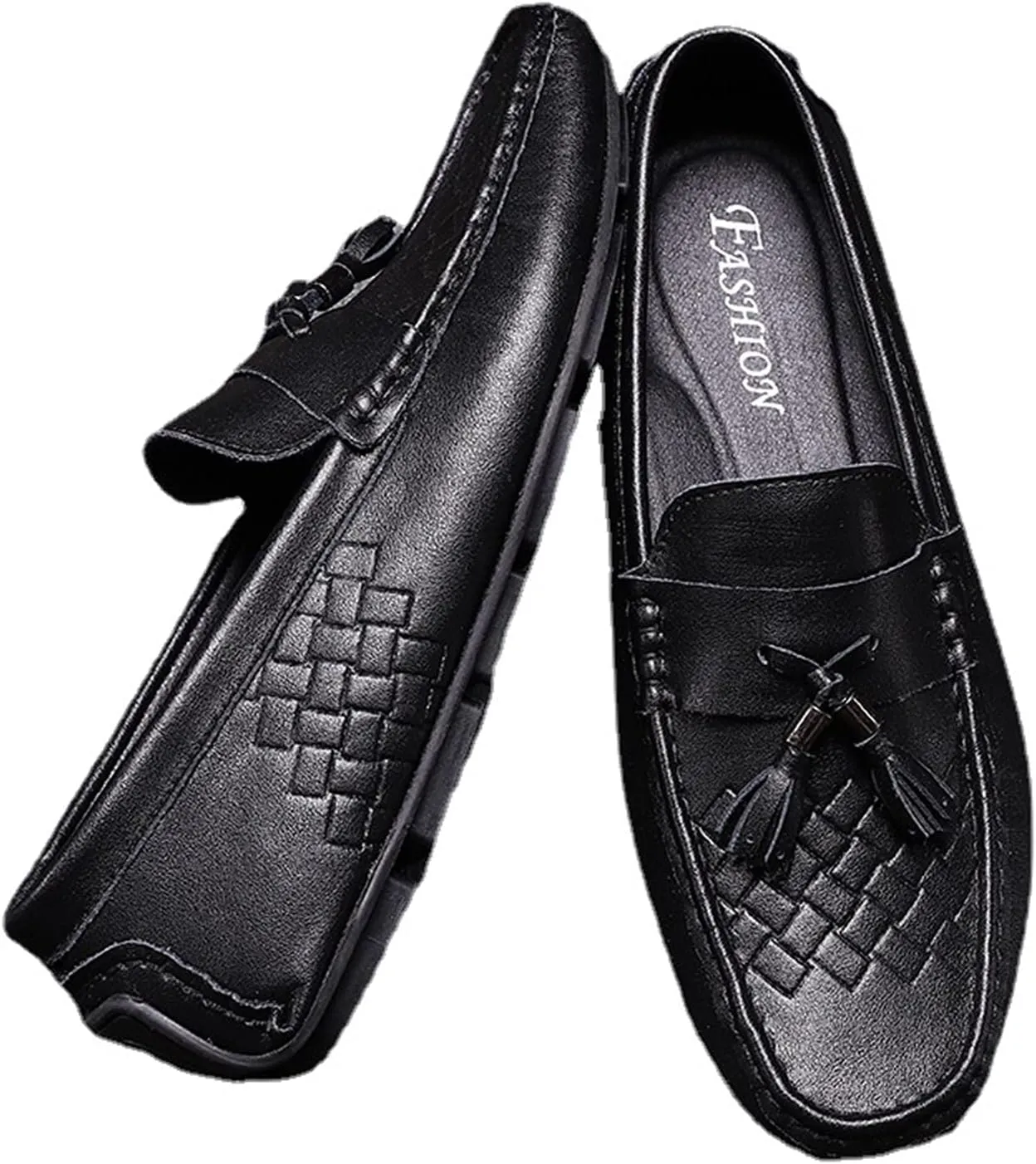 New Loafers for Men Tassel Breathable Round Toe Woven Grain Embossed Genuine Leather Flat Heel Comfortable Flexible Lightweight Driving Classic Slip-on