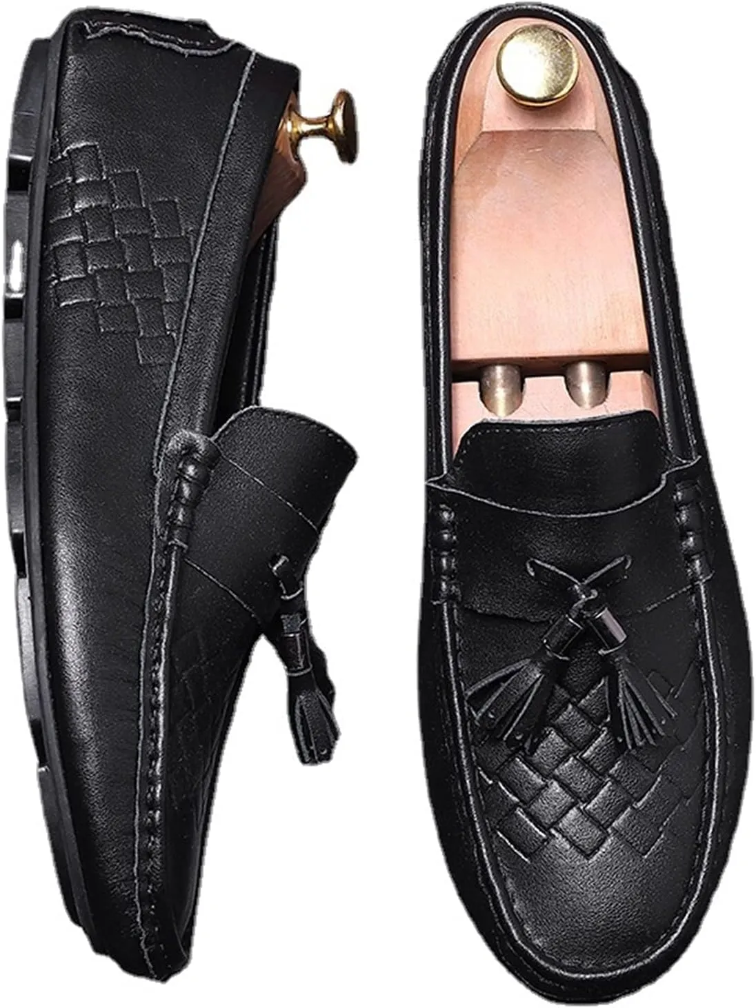 New Loafers for Men Tassel Breathable Round Toe Woven Grain Embossed Genuine Leather Flat Heel Comfortable Flexible Lightweight Driving Classic Slip-on