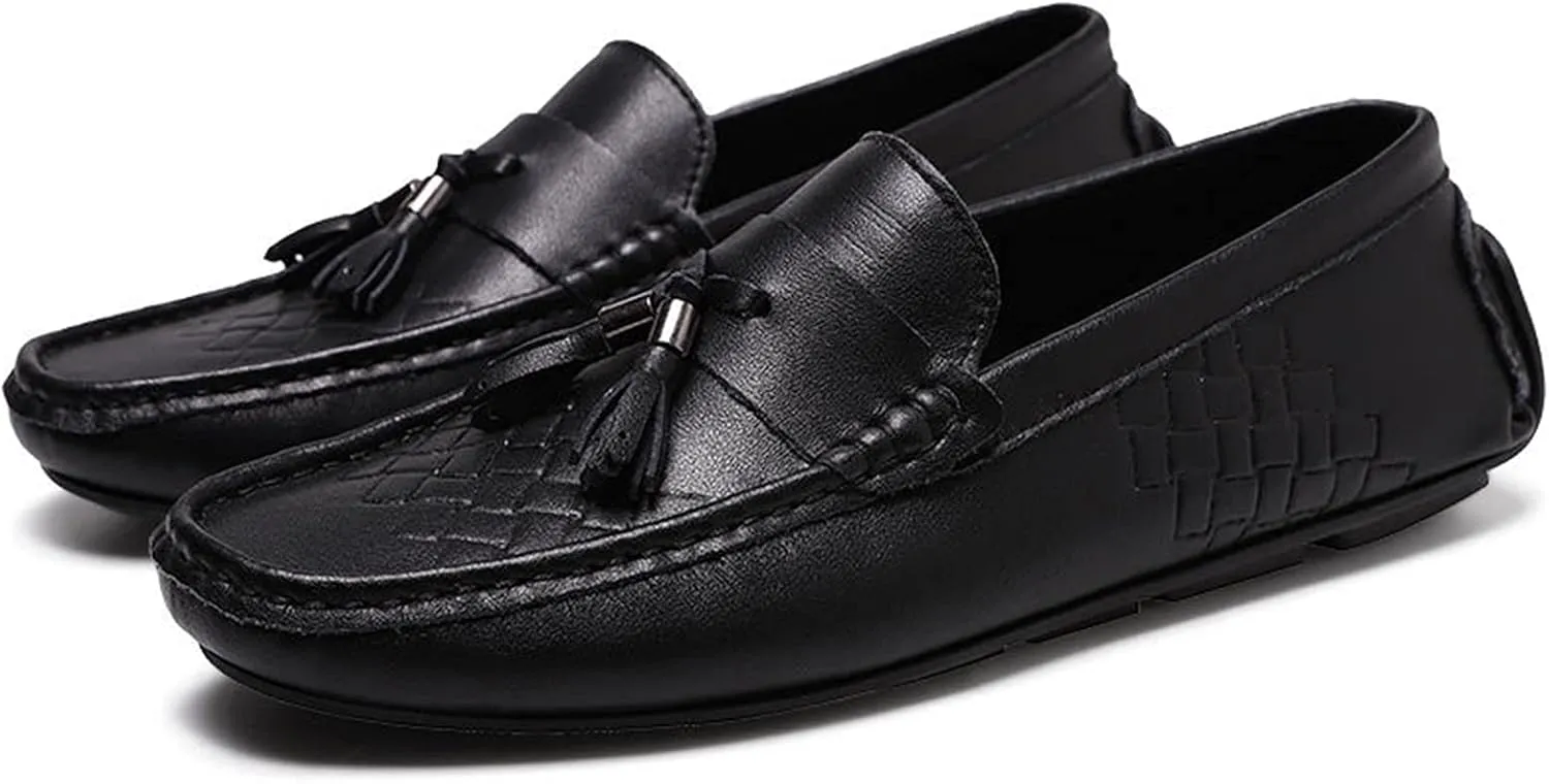 New Loafers for Men Tassel Breathable Round Toe Woven Grain Embossed Genuine Leather Flat Heel Comfortable Flexible Lightweight Driving Classic Slip-on