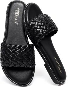 NianEr Womens Microfiber Leather Comfort Foam Rhinestone Glitter Sparkly Dress Flip Flop Sandals Summer Cute Flat Slides
