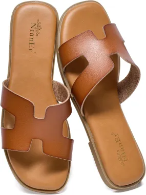 NianEr Womens Microfiber Leather Comfort Foam Rhinestone Glitter Sparkly Dress Flip Flop Sandals Summer Cute Flat Slides