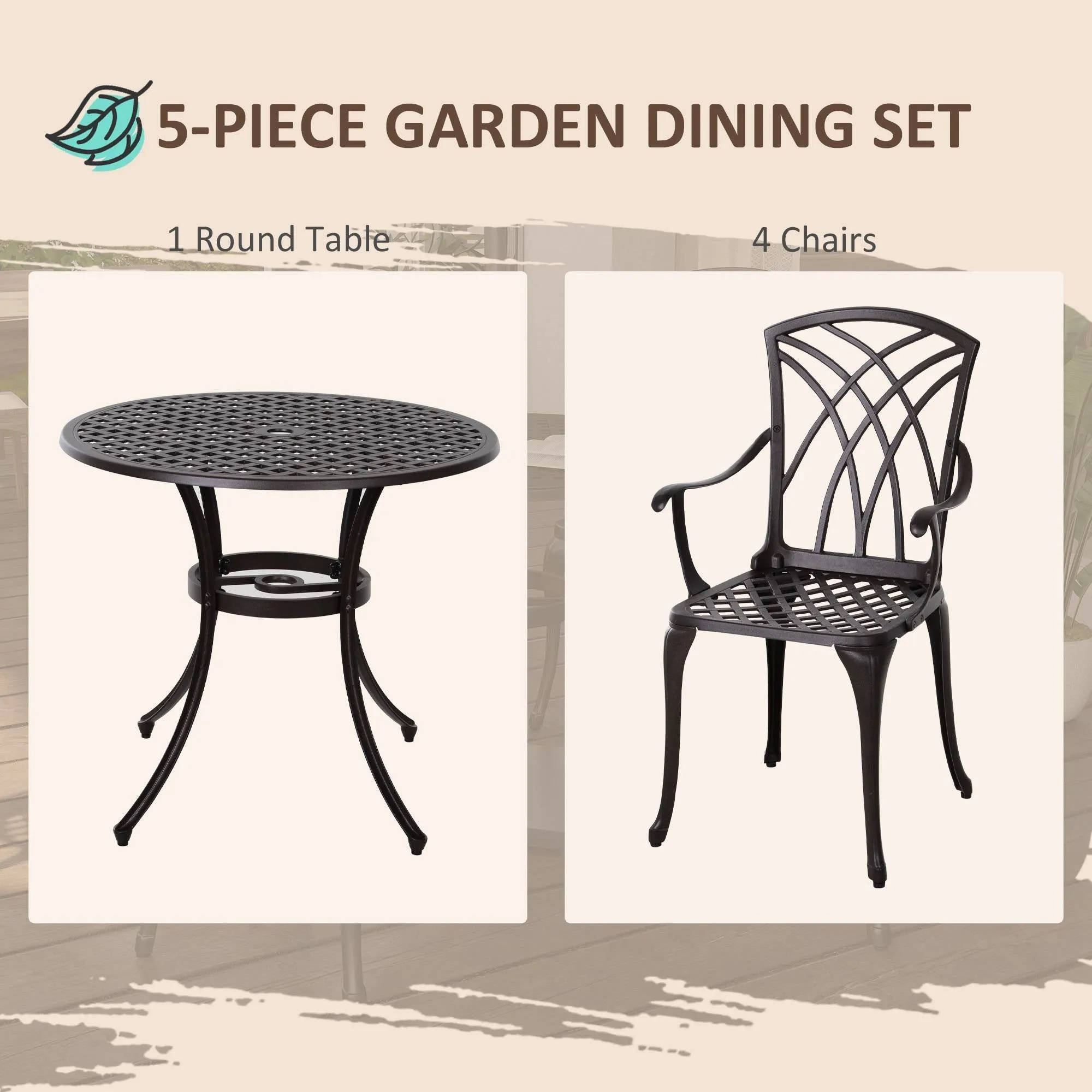 Outsunny 5 Pieces Outdoor Dining Table Set, Cast Aluminium Patio Conversation Furniture Set with 4 Armchairs, a Round Dining Table with Parasol Hole, Brown