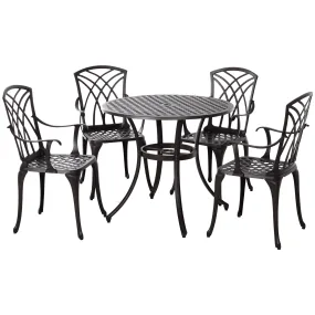 Outsunny 5 Pieces Outdoor Dining Table Set, Cast Aluminium Patio Conversation Furniture Set with 4 Armchairs, a Round Dining Table with Parasol Hole, Brown