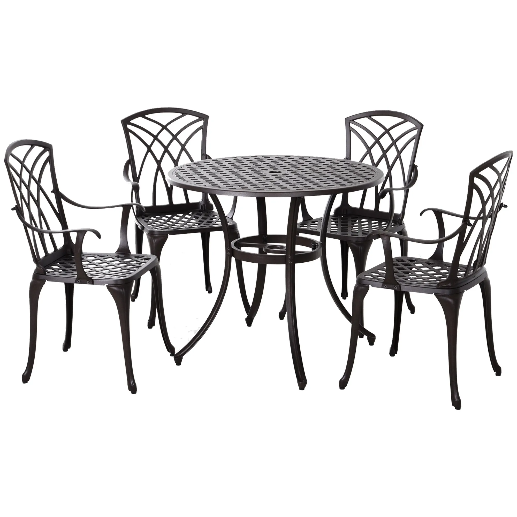 Outsunny 5 Pieces Outdoor Dining Table Set, Cast Aluminium Patio Conversation Furniture Set with 4 Armchairs, a Round Dining Table with Parasol Hole, Brown