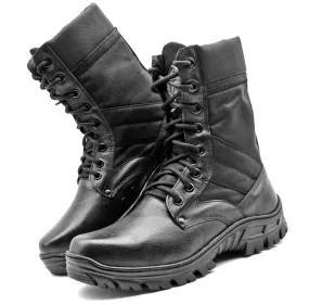 Tactical Boots Black Genuine Leather and Canvas Military Lace Up
