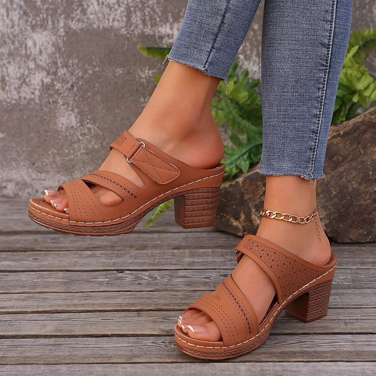 Women's Platform Chunky Heels Open Toe Low Block Heeled Sandals Slides Summer Casual Slip On Walking Sandal Mules Shoes