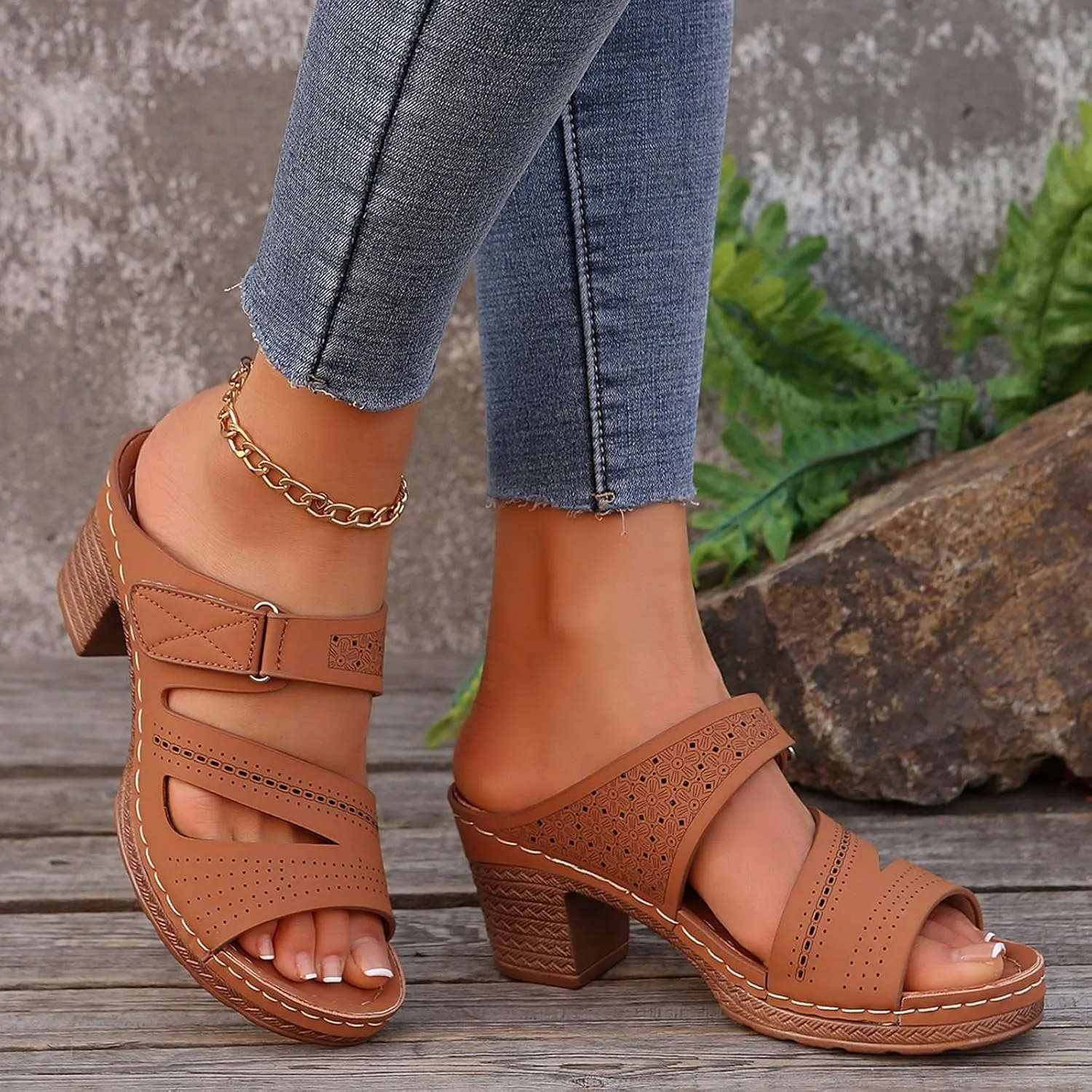 Women's Platform Chunky Heels Open Toe Low Block Heeled Sandals Slides Summer Casual Slip On Walking Sandal Mules Shoes