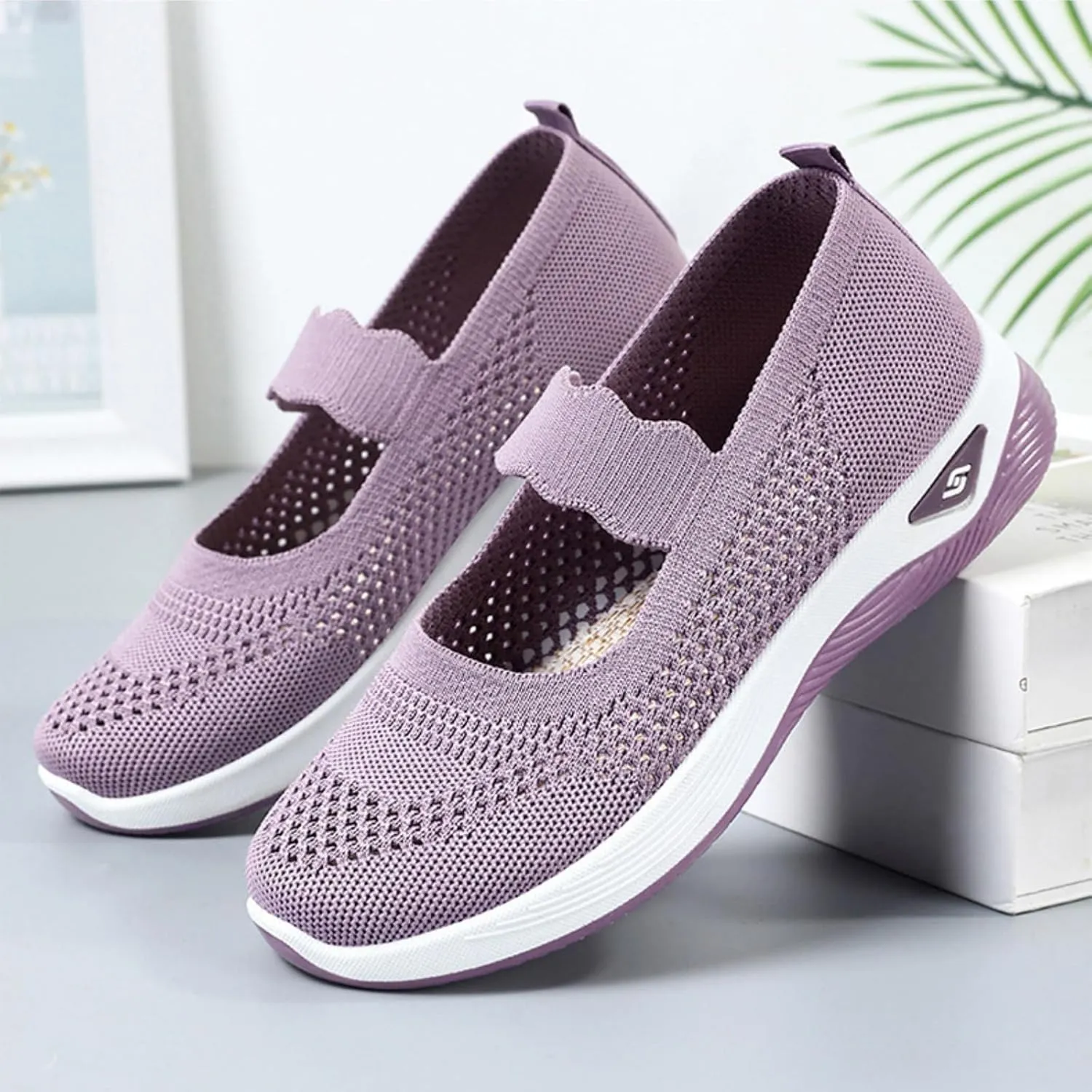 ZWRXW Women's Walking Shoes Wide Width Woven Orthopedic Breathable Soft Shoe Adjustable Go Walk Slip On Shoes with Arch Support Lightweight Comfortable Healthy Footwear for Diabetic